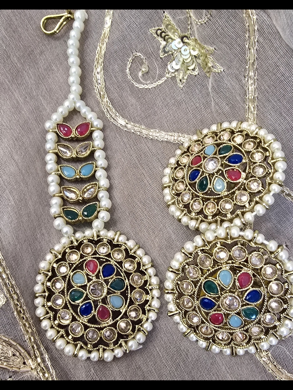 Traditional Gold-Tone Multicolor Kundan Pearl Earrings And Tikka Set